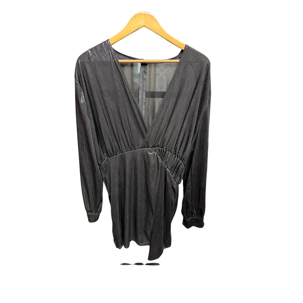 Womens Black Metallic Ruched V-Neck‎ Long Sleeve Mini Dress Asymmetrical Hem